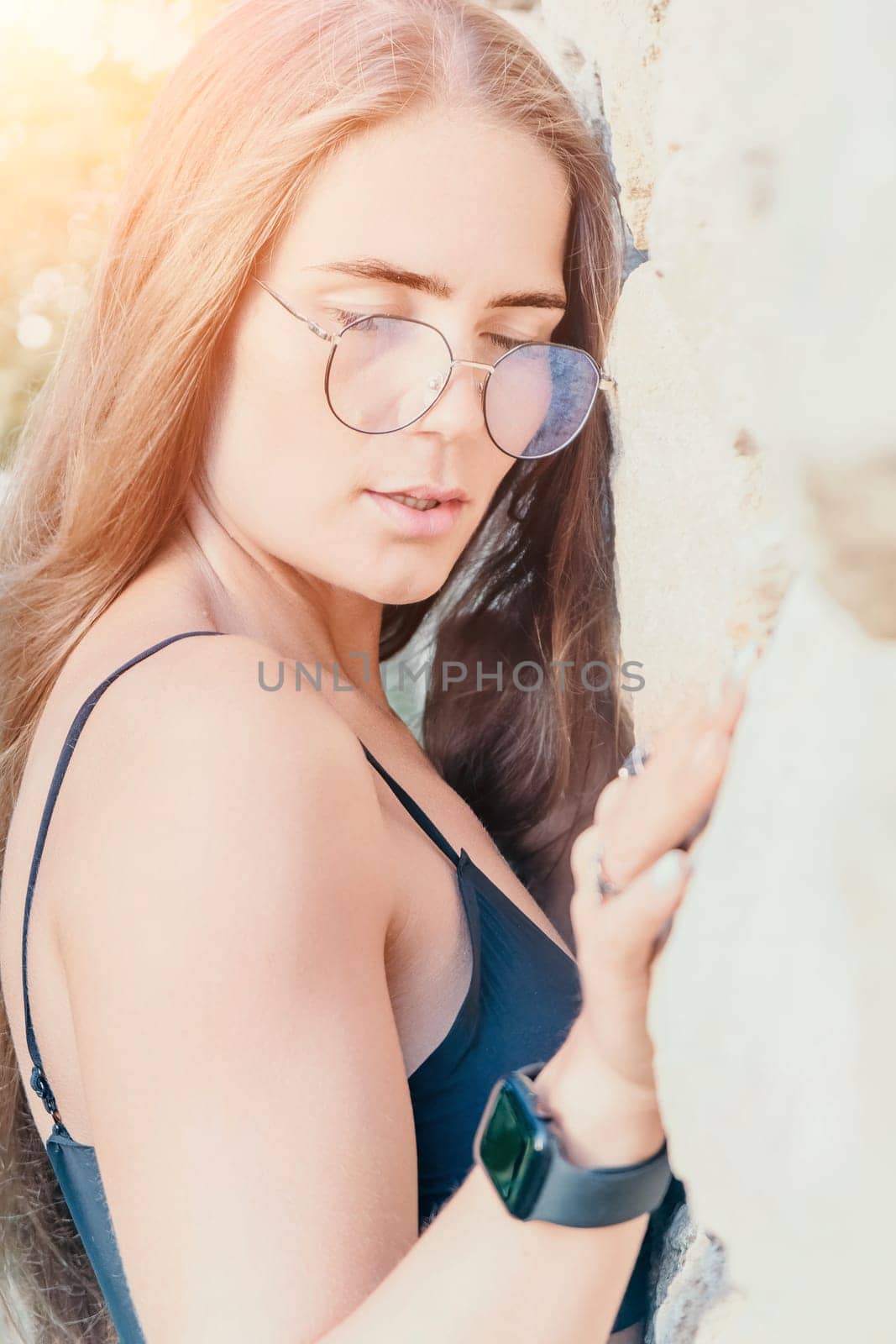 Woman summer travel. Happy tourist enjoy taking selfie photo outdoors for memories. Woman traveler posing in summer park on sunset, sharing travel adventure journey by panophotograph