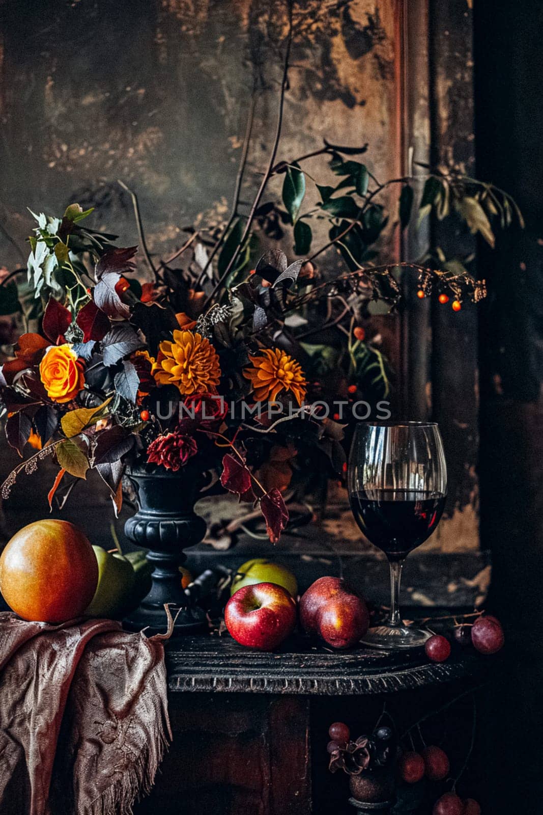 Classic floral still life fine art print, composition with rich arrangement of flowers and fresh fruits and a glass of wine, accented by lush vintage florals, English countryside art style design