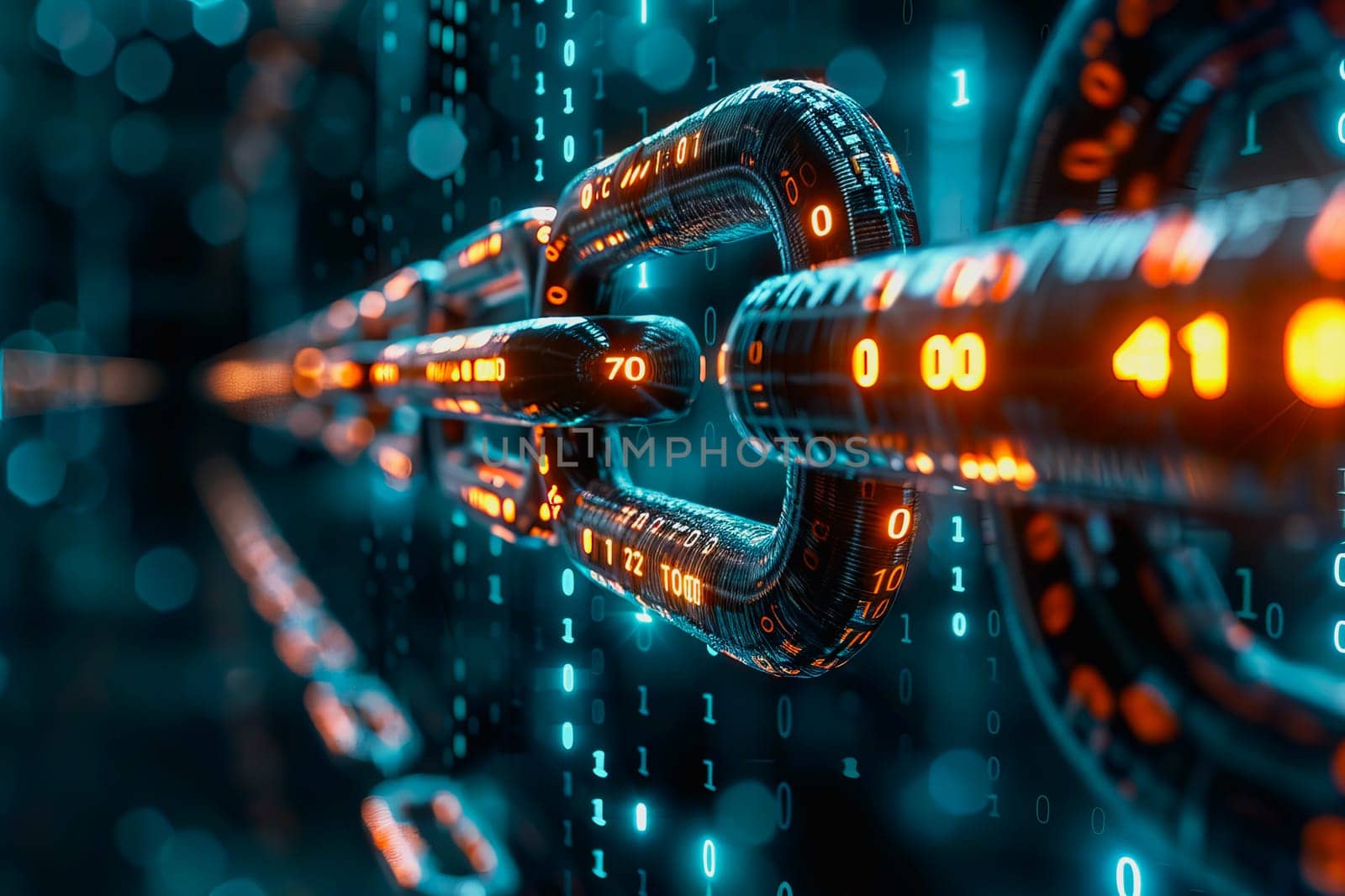 binary numeric data transmission chain of nodes connected in a network form, p2p connection.