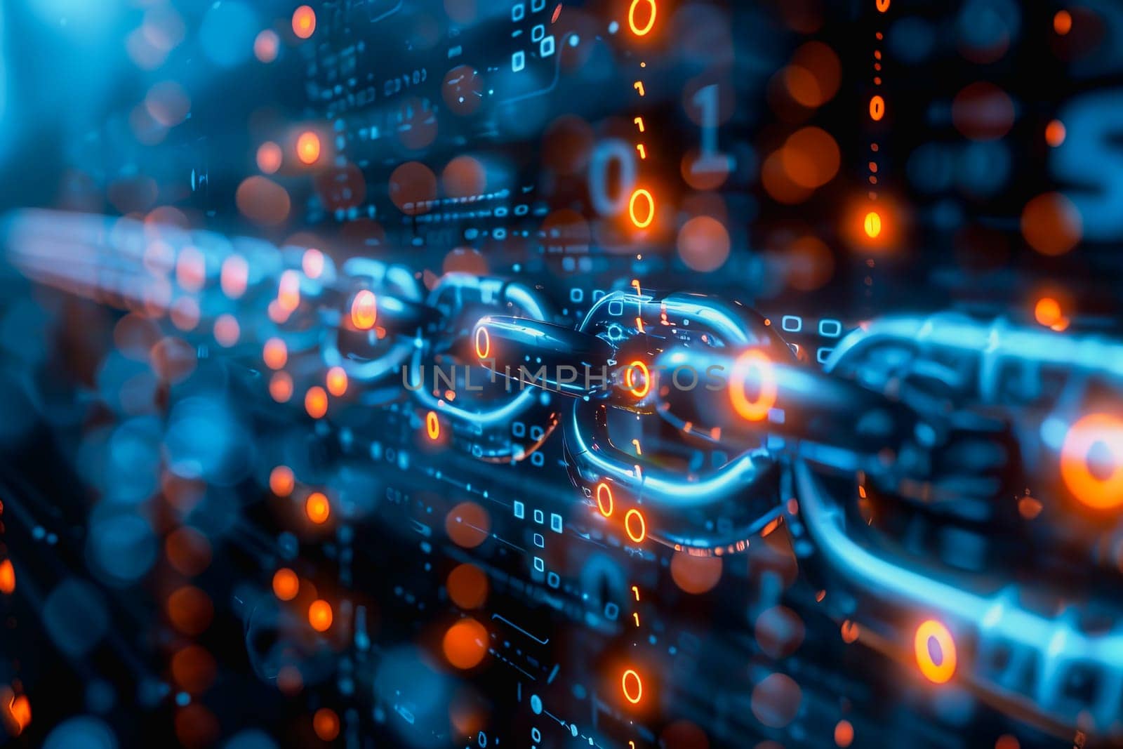 binary numeric data transmission chain of nodes connected in a network form, p2p connection.