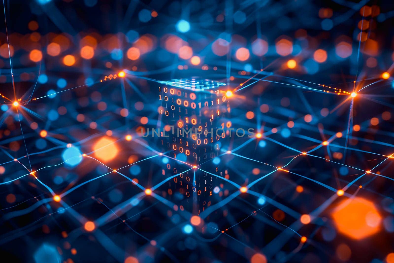 binary numeric data transmission chain of nodes connected in a network form, p2p connection.