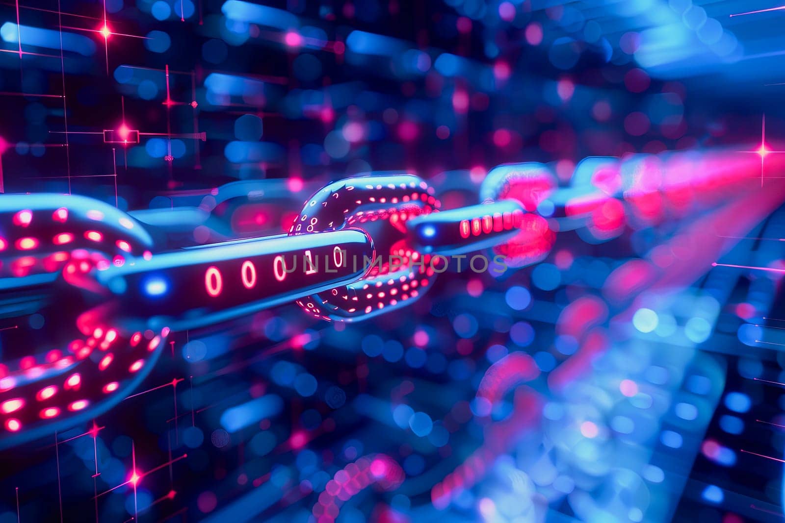 binary numeric data transmission chain of nodes connected in a network form, p2p connection.