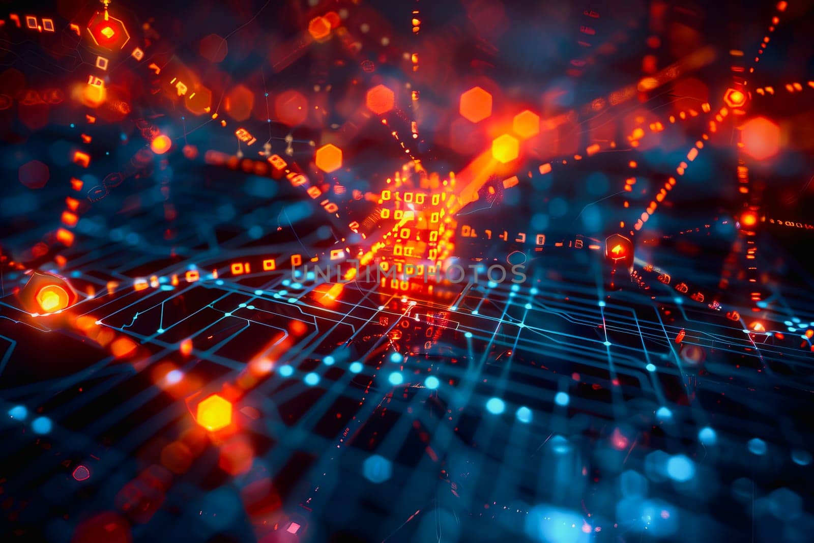 binary numeric data transmission chain of nodes connected in a network form, p2p connection.