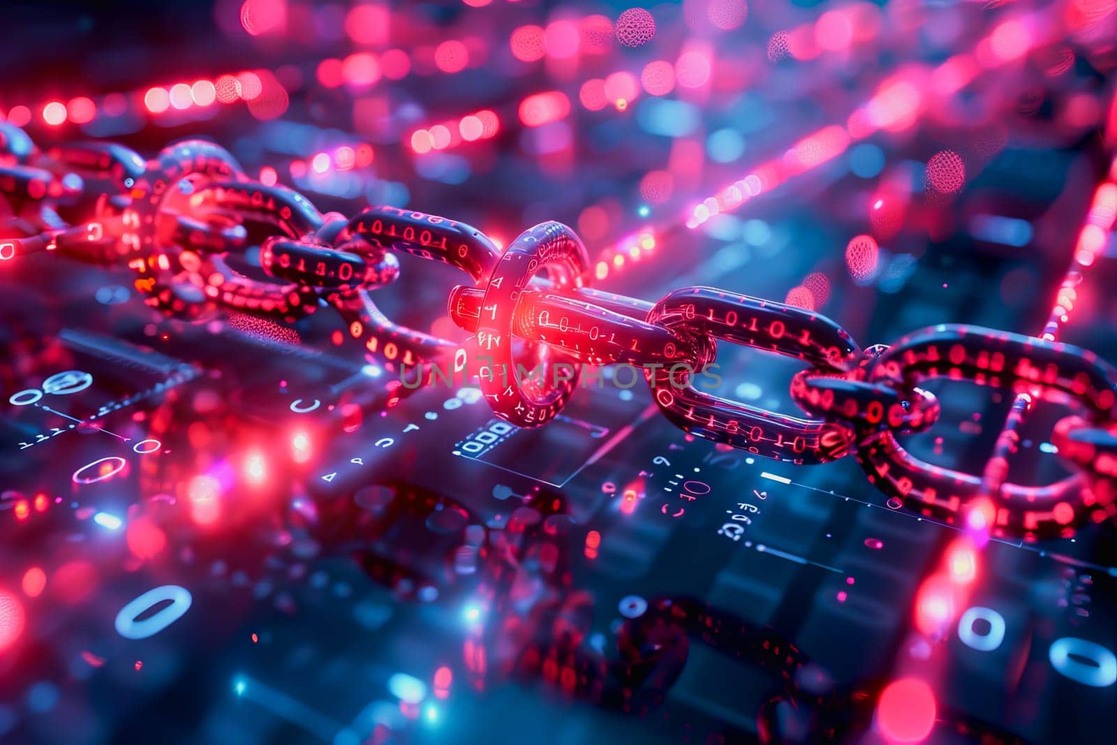 binary numeric data transmission chain of nodes connected in a network form, p2p connection.