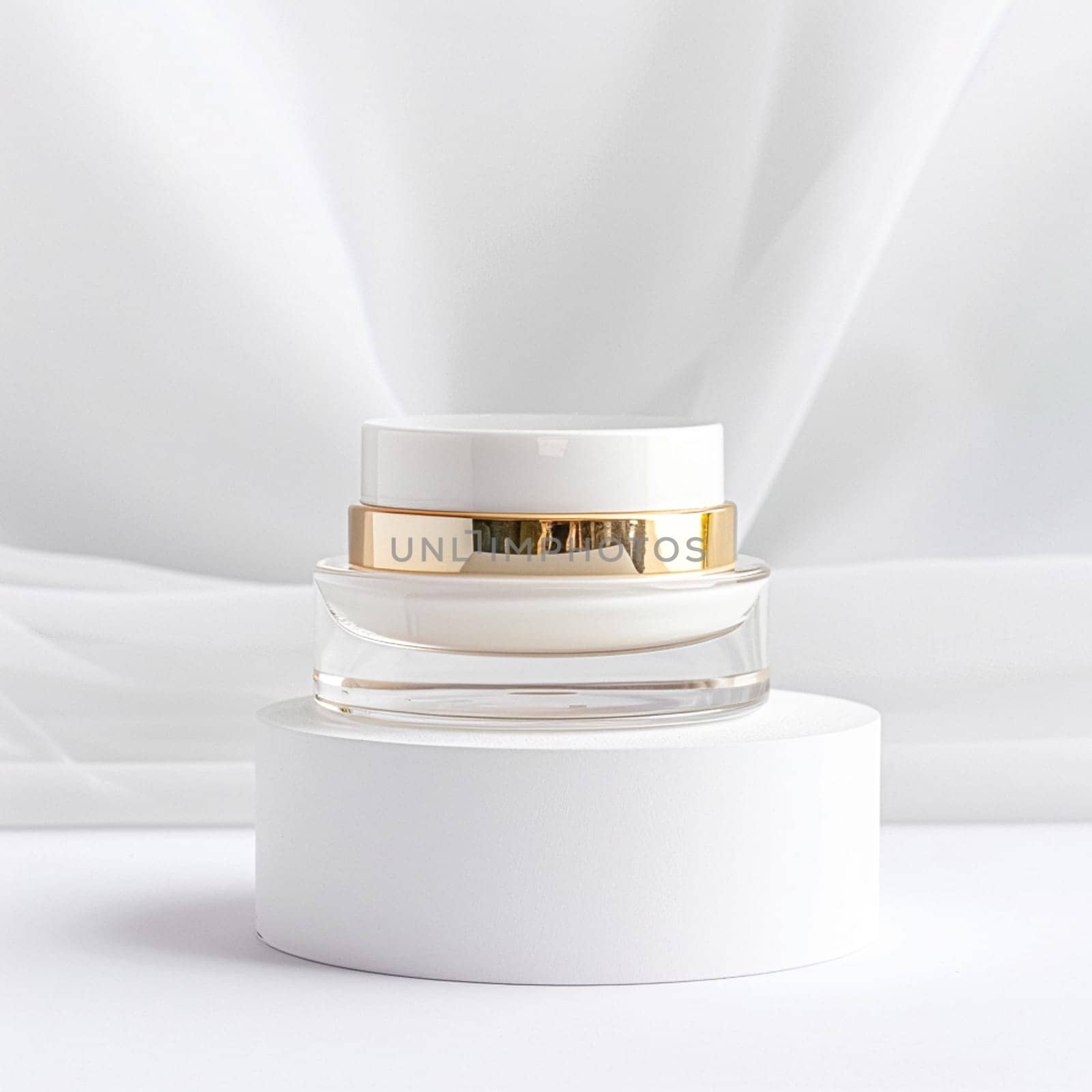 Face cream in a glass jar on a white and gold background. Skin care concept. Backdrop for beauty cosmetic products