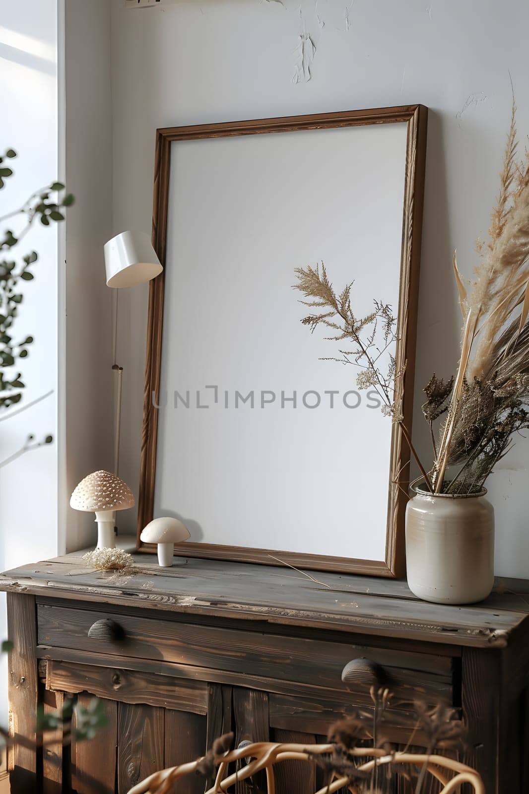 A rectangular metal picture frame hangs above a hardwood dresser, complemented by natural wood accents like twigs and a wooden table for a cohesive interior design