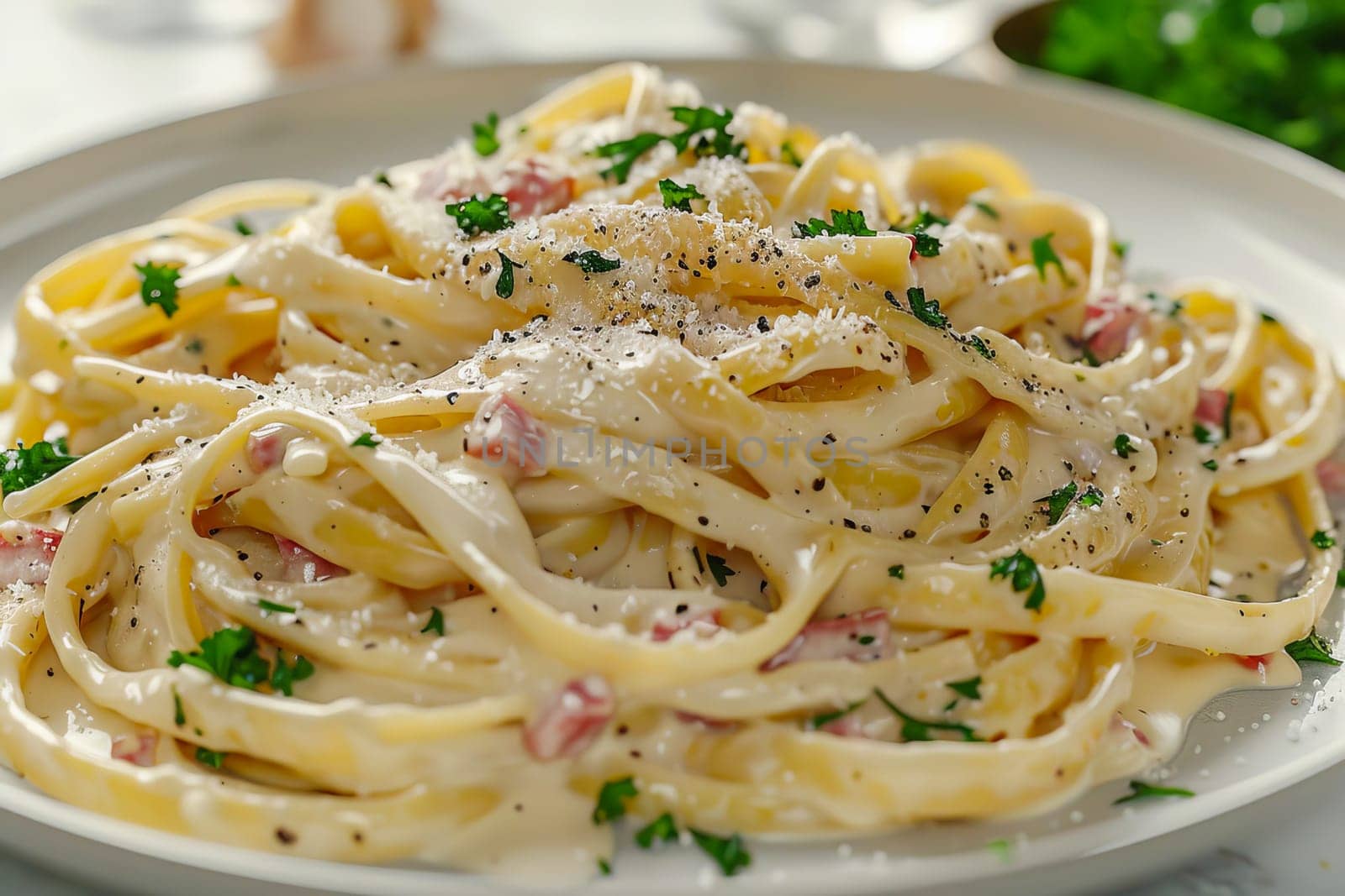 A portion of carbonara pasta in a plate on the table. Healthy diet. Italian Cuisine. AI generated.