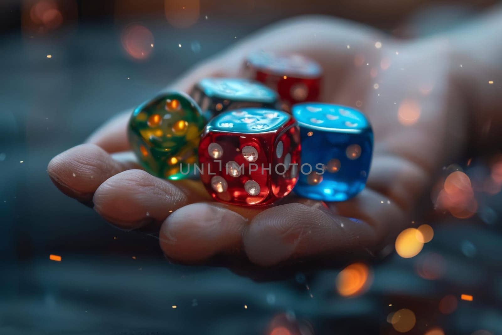 A hand is holding a bunch of dice, including a red, blue, and green one. The image has a playful and fun mood