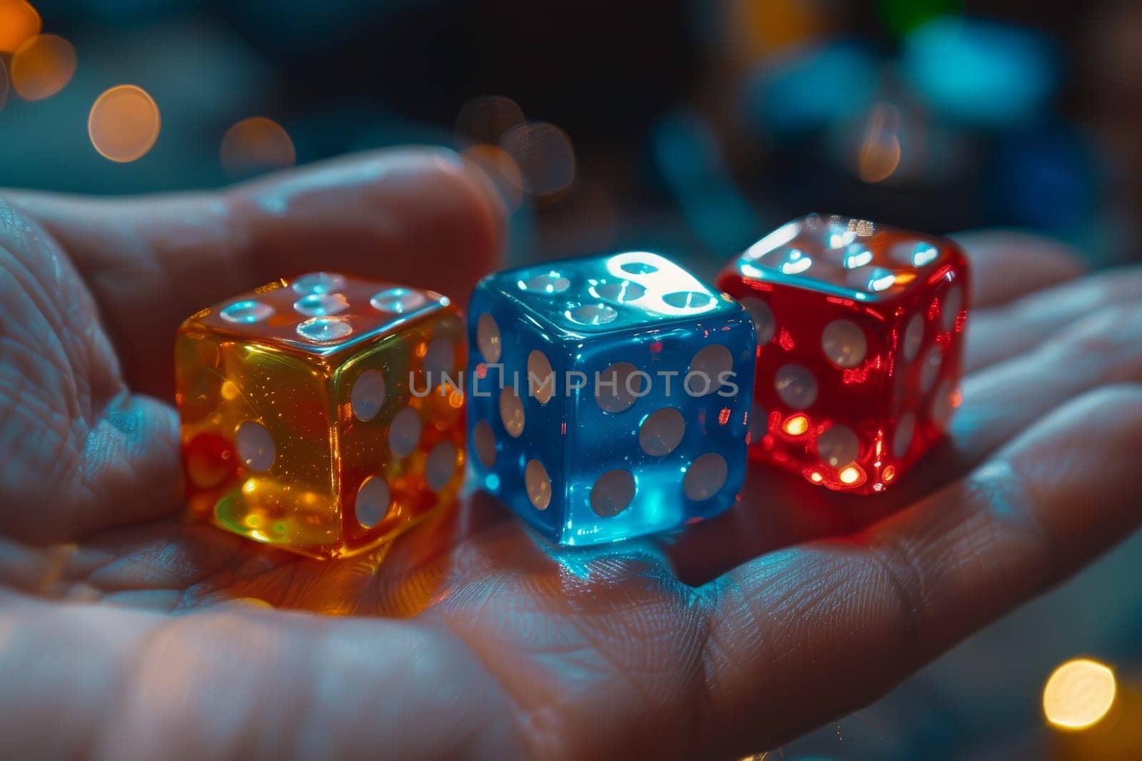 A hand is holding a bunch of dice, including a red, blue, and green one. The image has a playful and fun mood