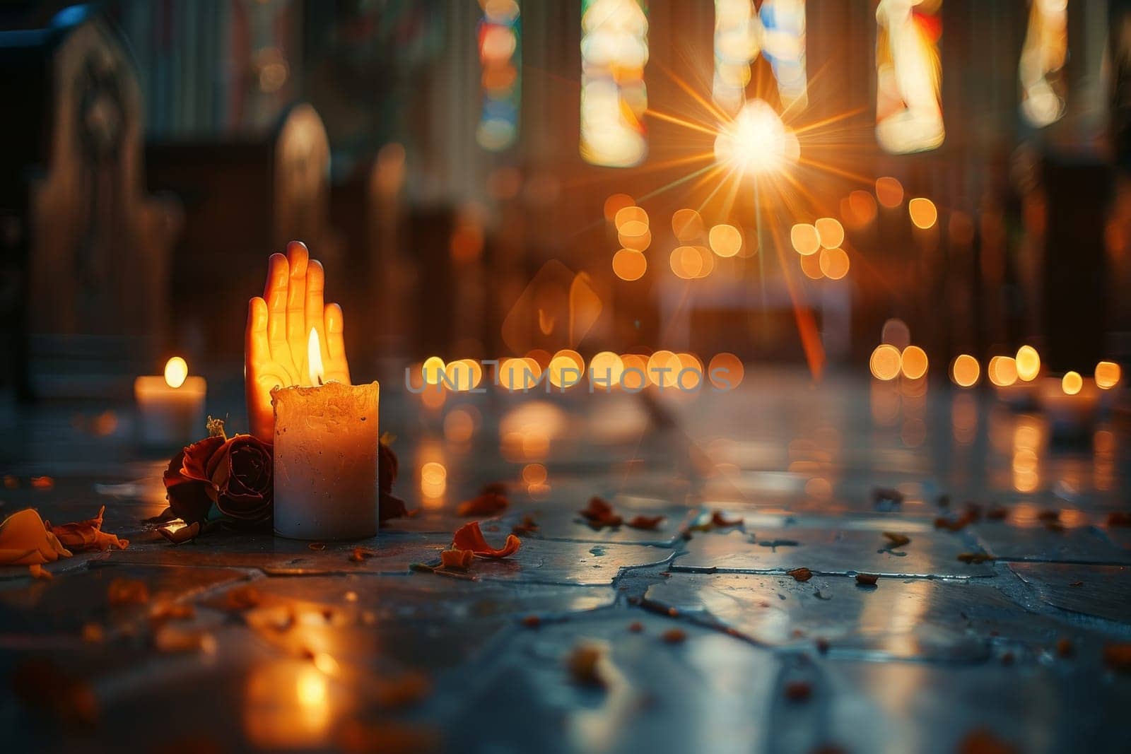 A lit candle is on the ground in a church. The candle is surrounded by flowers and leaves. The scene is peaceful and serene