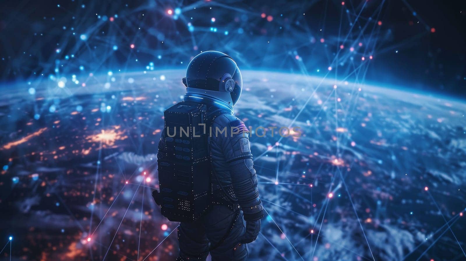 A man in a spacesuit stands on a planet in a blue sky. The planet is surrounded by a network of lines, which could represent a computer network or a map of the planet