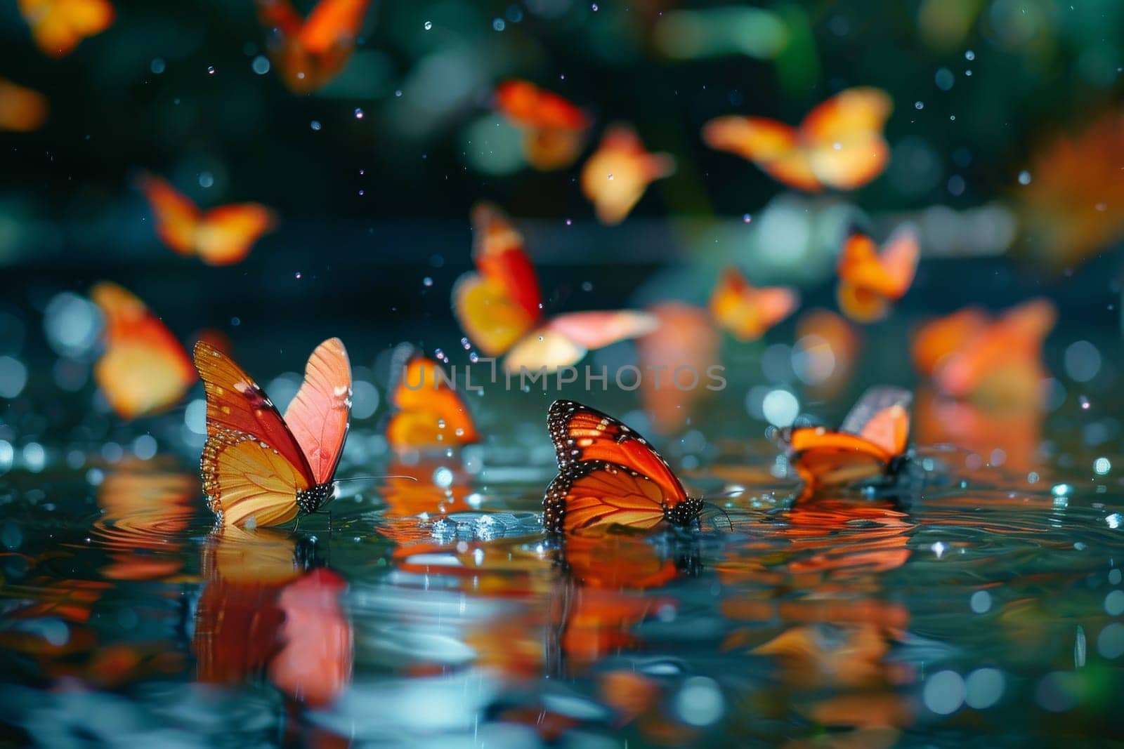 A group of butterflies are flying in the air and splashing water by itchaznong