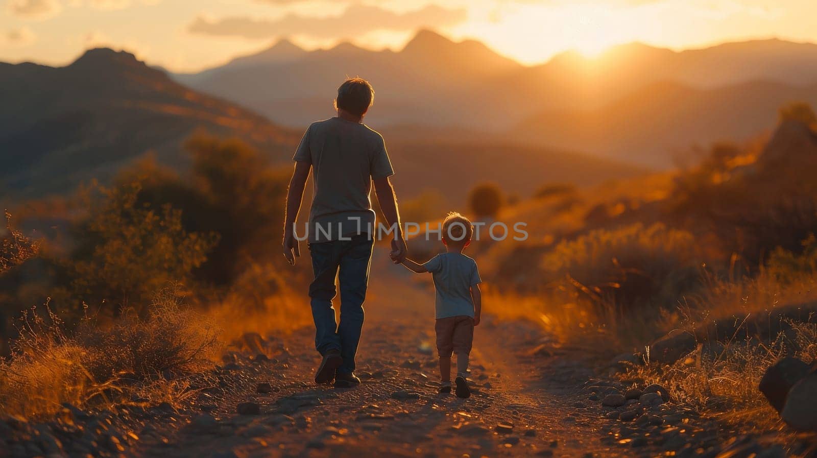 A man and a child are walking together in a desert. The man is holding the child's hand