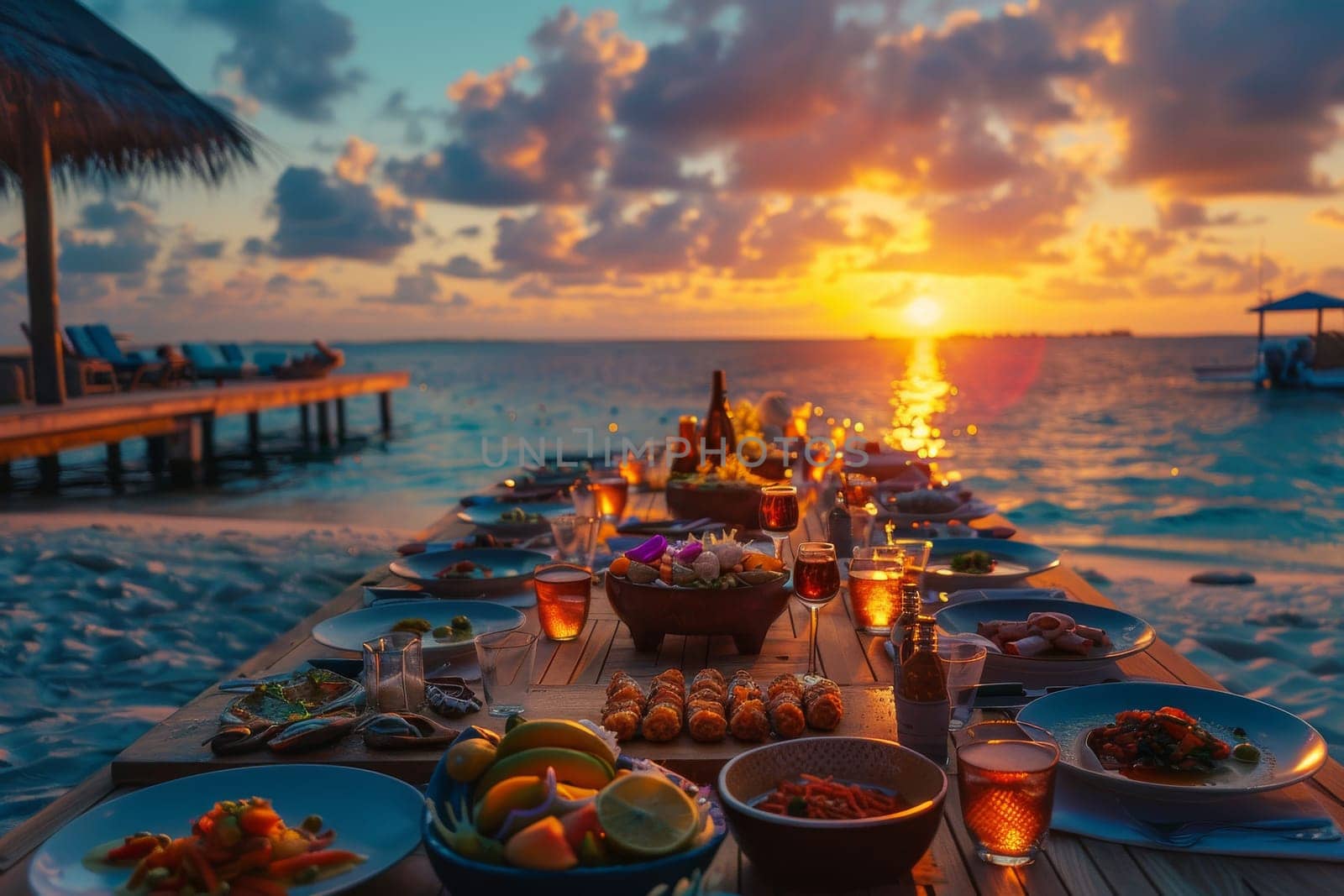 A long table with a beautiful ocean view in the background. The table is set with plates, glasses, and utensils, and there are several chairs around it. The atmosphere is relaxed and inviting