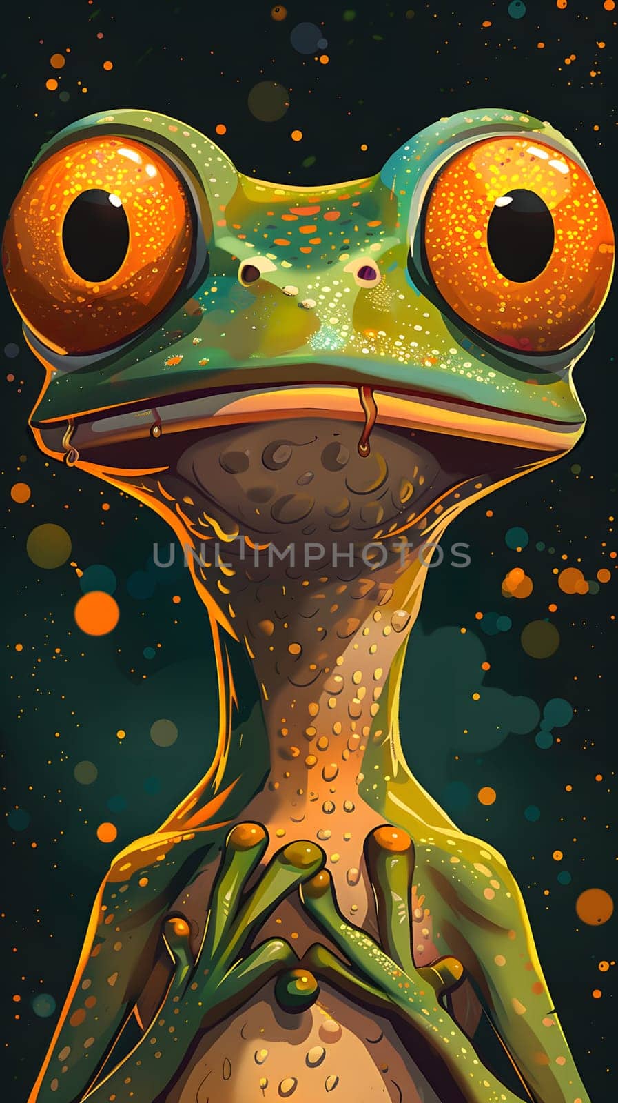 A green true frog with large orange eyes gazes into the camera by Nadtochiy