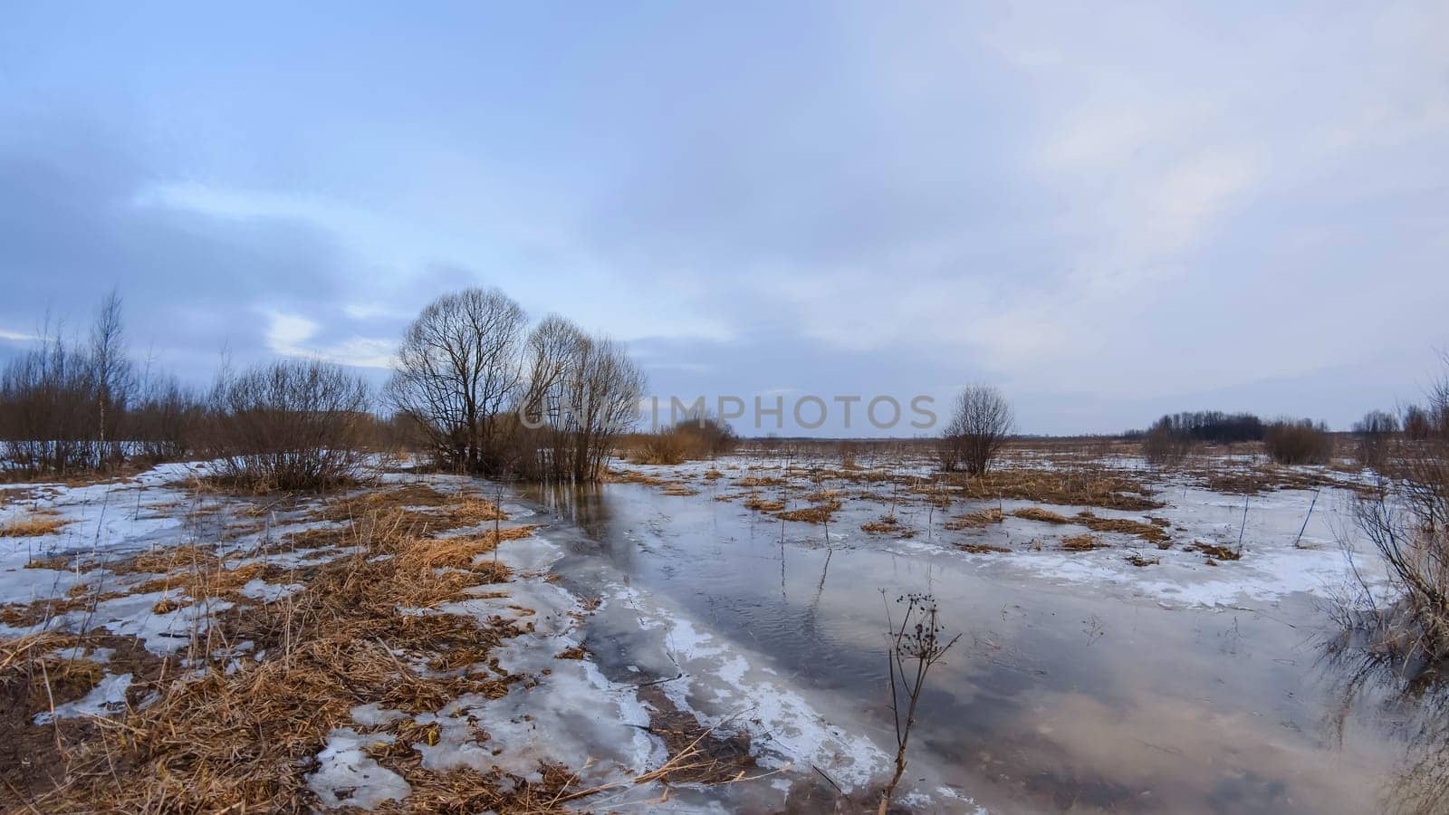 ice drift on the river in spring in a meadow under a gloomy sky