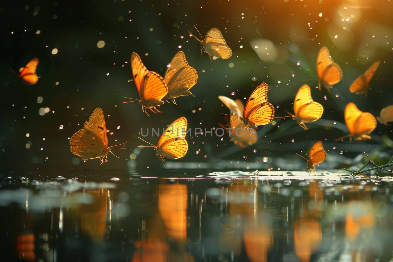 A group of butterflies are flying in the air and splashing water by itchaznong