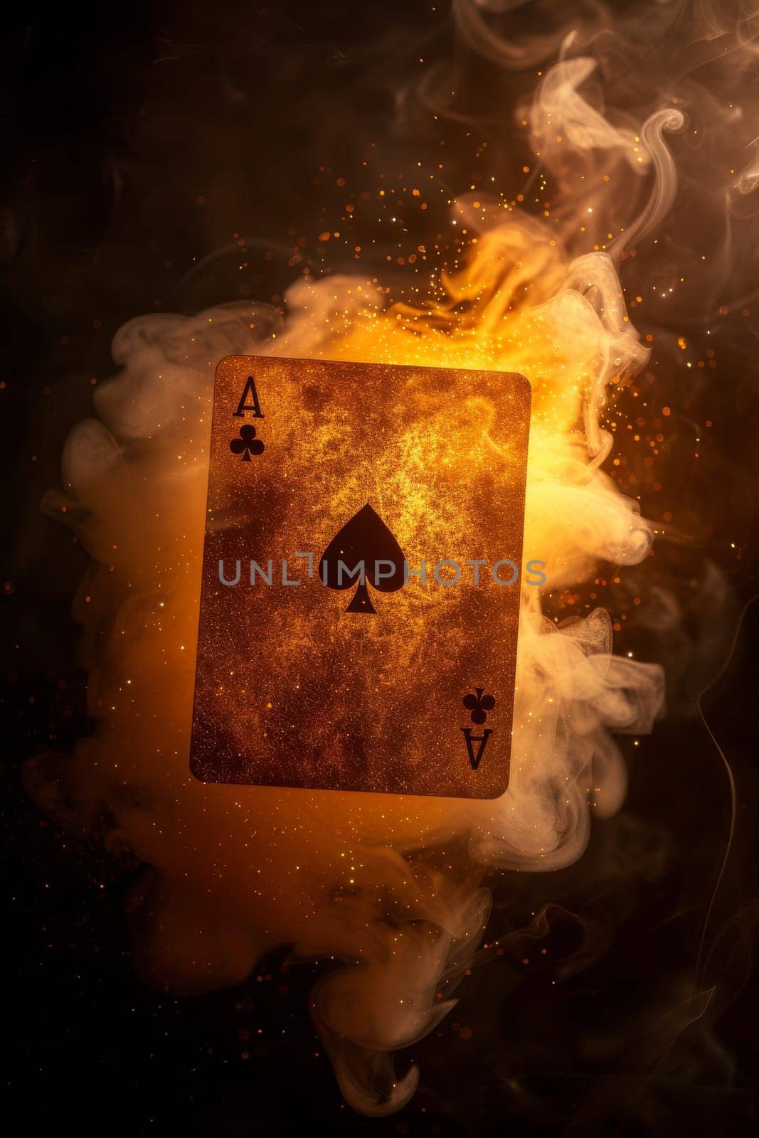 A card with a spade on it is lit on fire and surrounded by smoke. Concept of danger and excitement, as the fire and smoke create a dramatic and intense atmosphere. The card itself is a symbol of luck