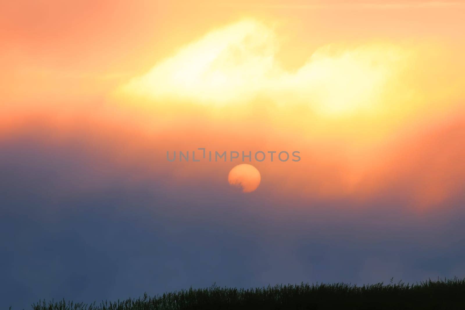 the sunrise in the early morning through the mist