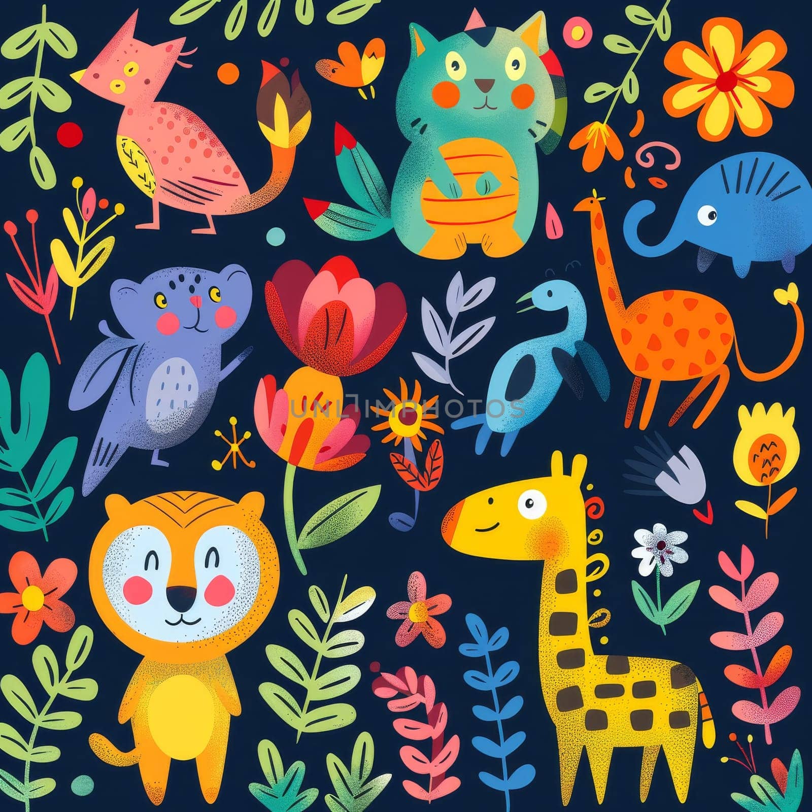 A colorful drawing of animals in a jungle setting. The animals include a giraffe, a cat, a bird, a monkey, and a tiger. The scene is lively and full of energy