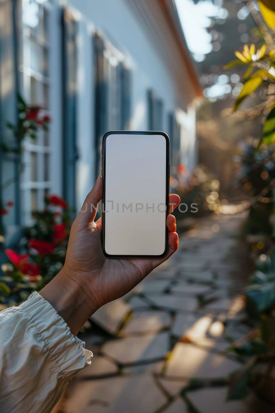 A person holding a phone with a white screen. The phone is in a hand and the person is standing in front of a house