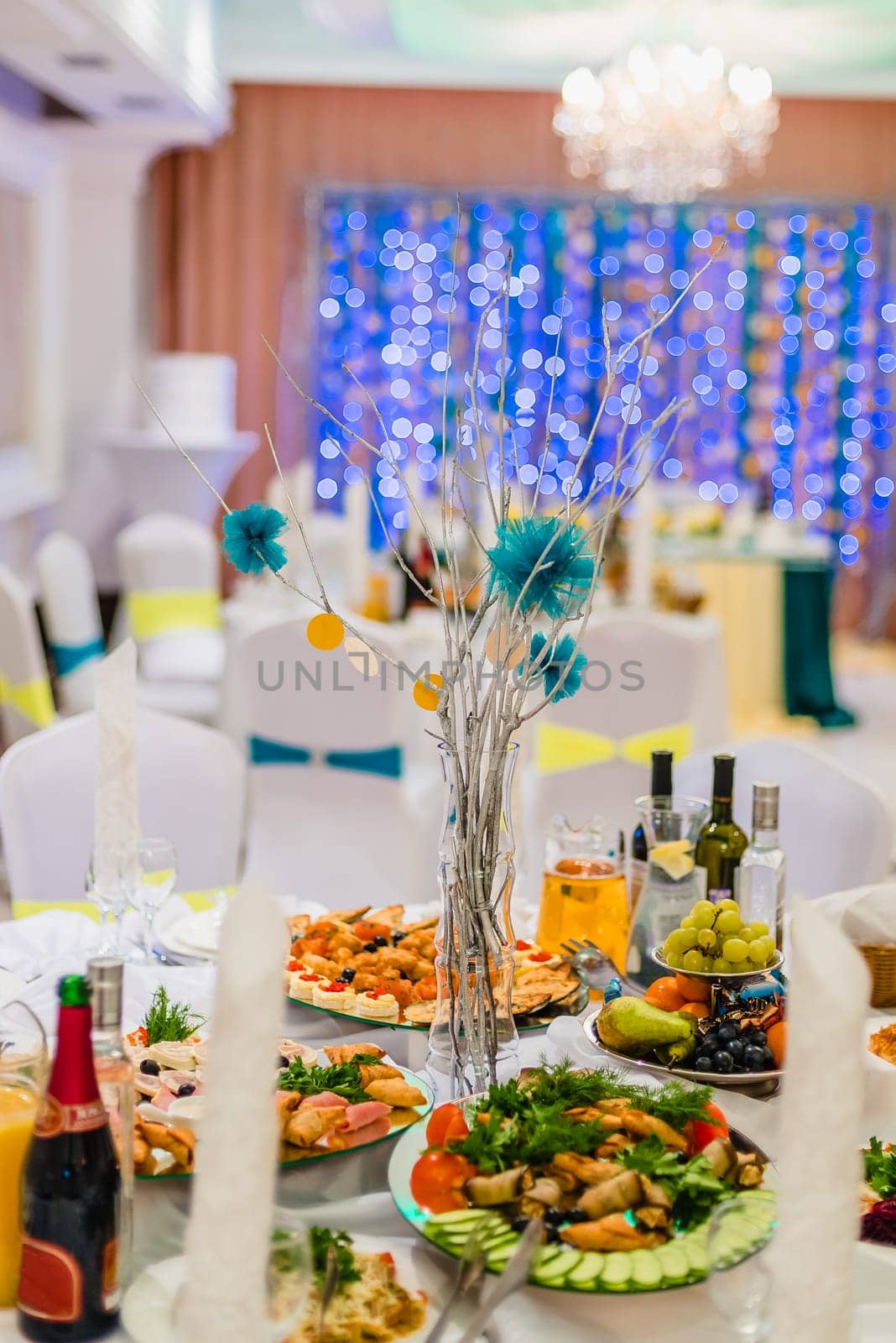 wedding decorated table with food and drinks in the beautiful Banquet hall of the restaurant