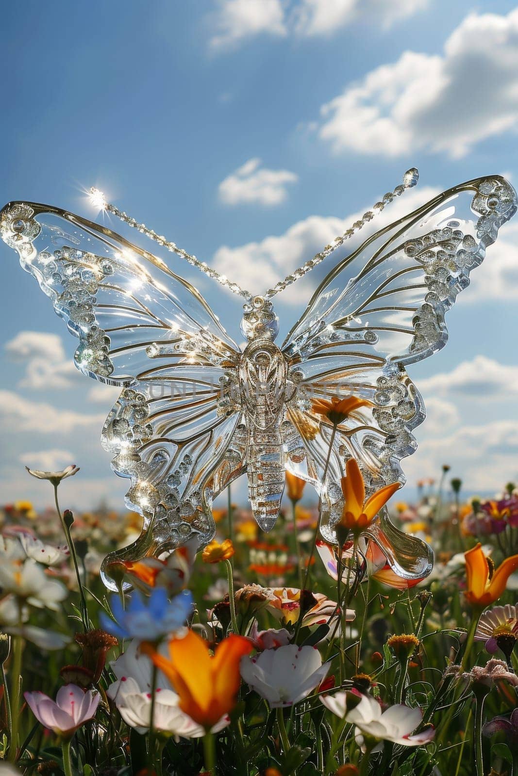 A blue butterfly with a flower on its back is sitting in a field of flowers. The butterfly is surrounded by a variety of flowers, including daisies, roses, and sunflowers. The scene is peaceful