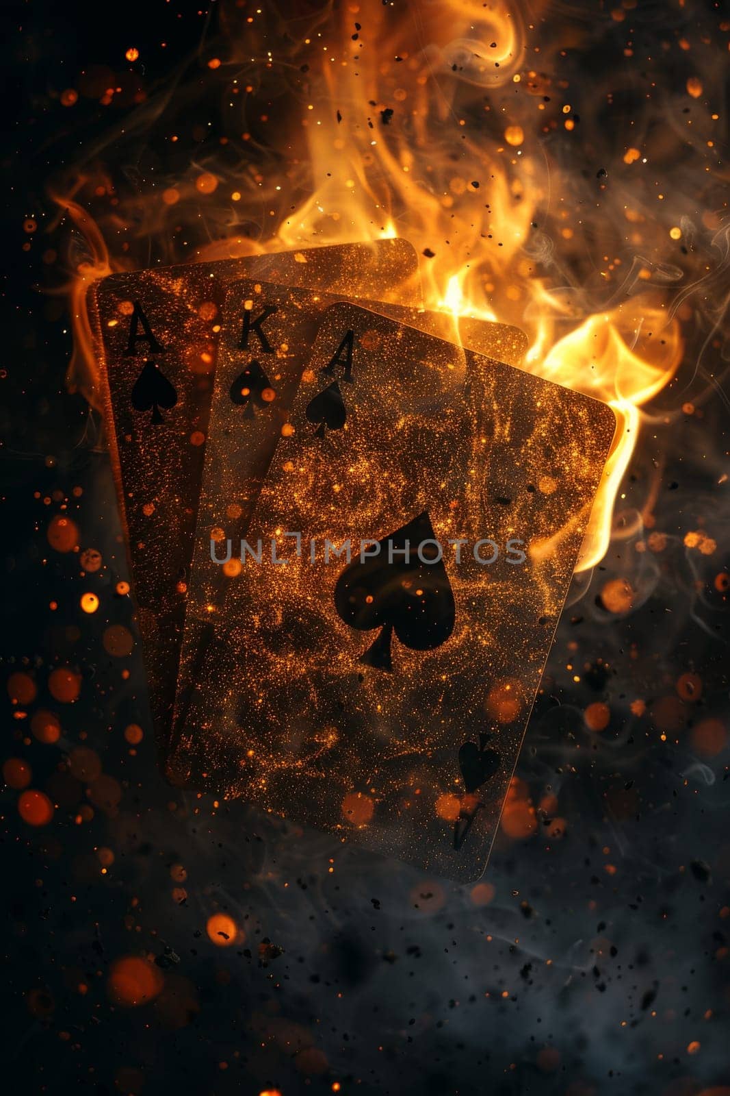 A card with a spade on it is lit on fire and surrounded by smoke. Concept of danger and excitement, as the fire and smoke create a dramatic and intense atmosphere. The card itself is a symbol of luck