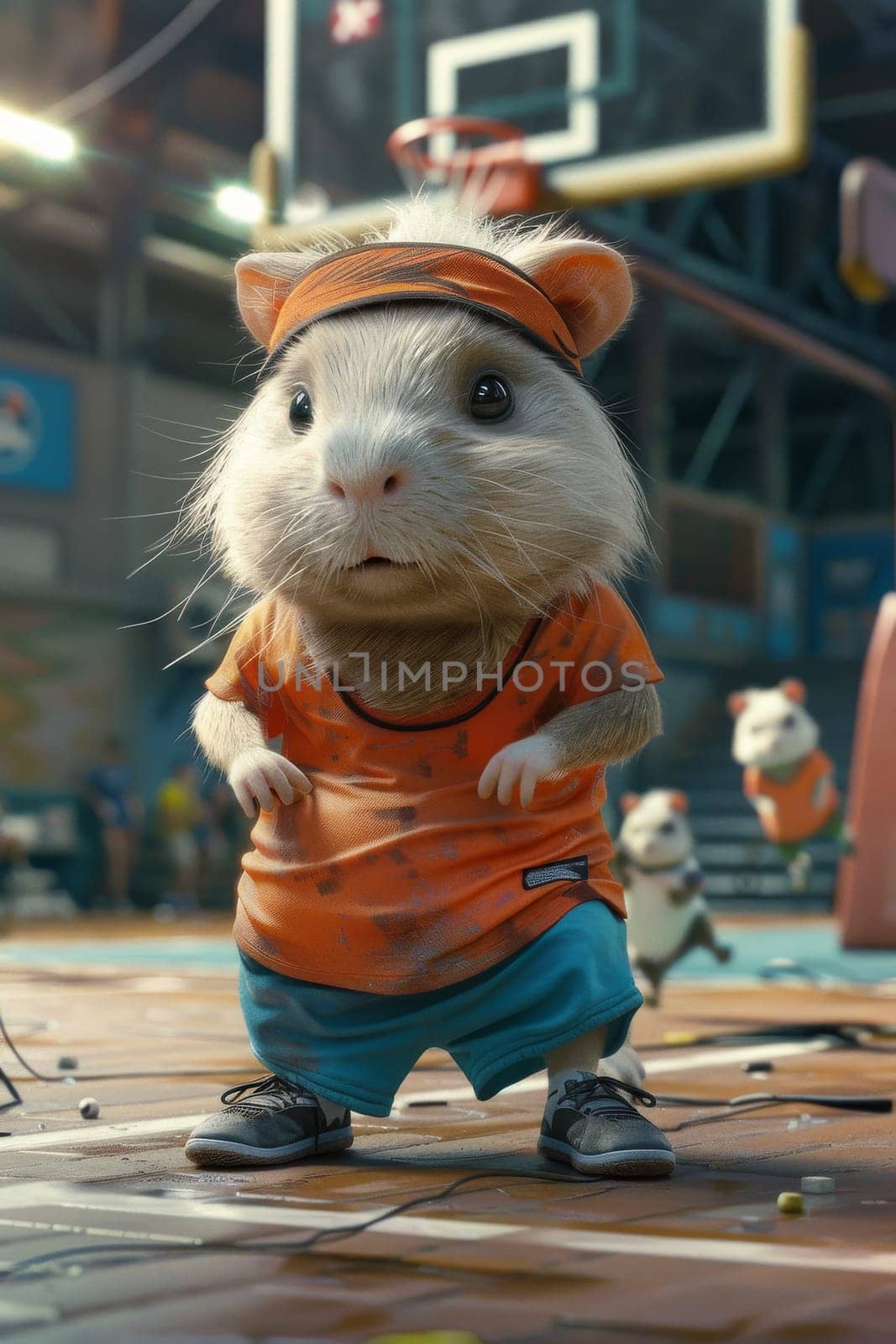 A cartoon of a hamster wearing an orange shirt and blue shorts. The hamster is standing on a basketball court