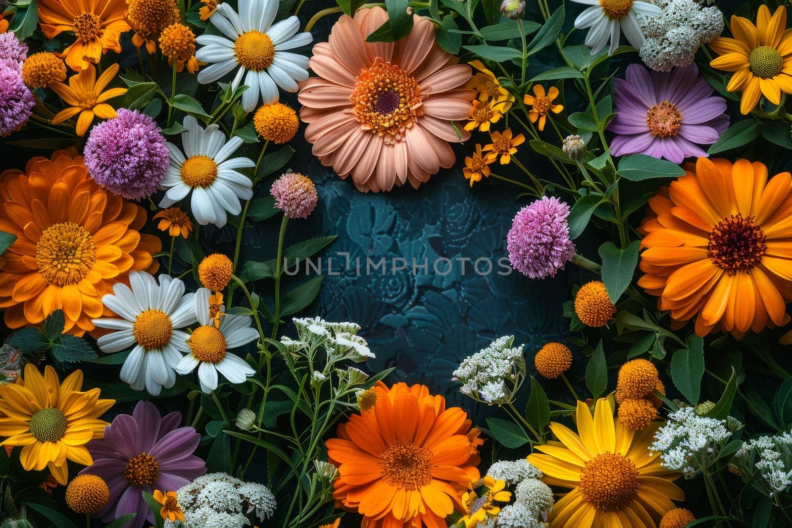 A colorful bouquet of flowers is arranged in a circle on a blue background. The flowers are of various colors and sizes, creating a vibrant and lively atmosphere