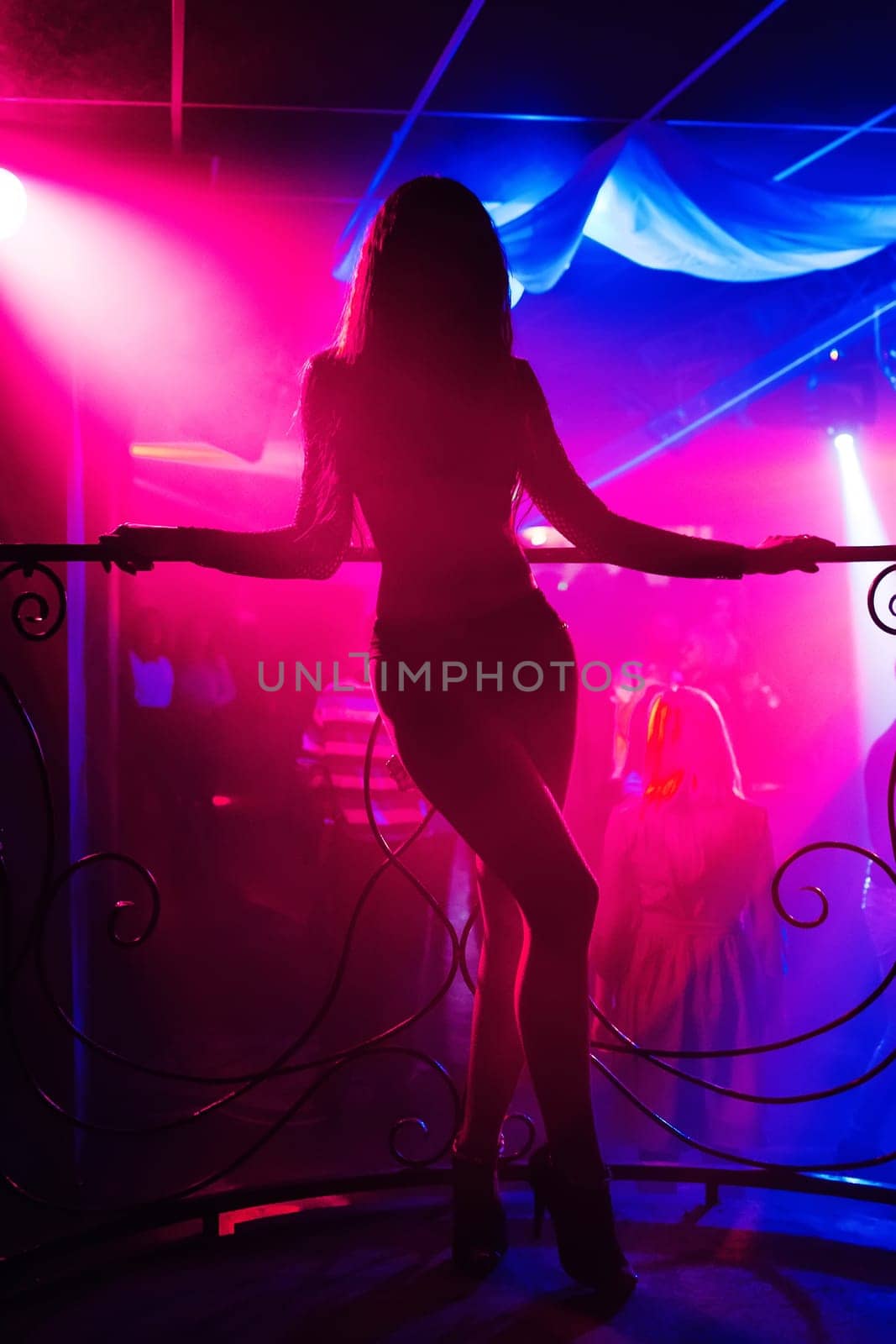 sexy silhouette of young girl dancer go-go posing nicely on the stage with long legs and a slender body
