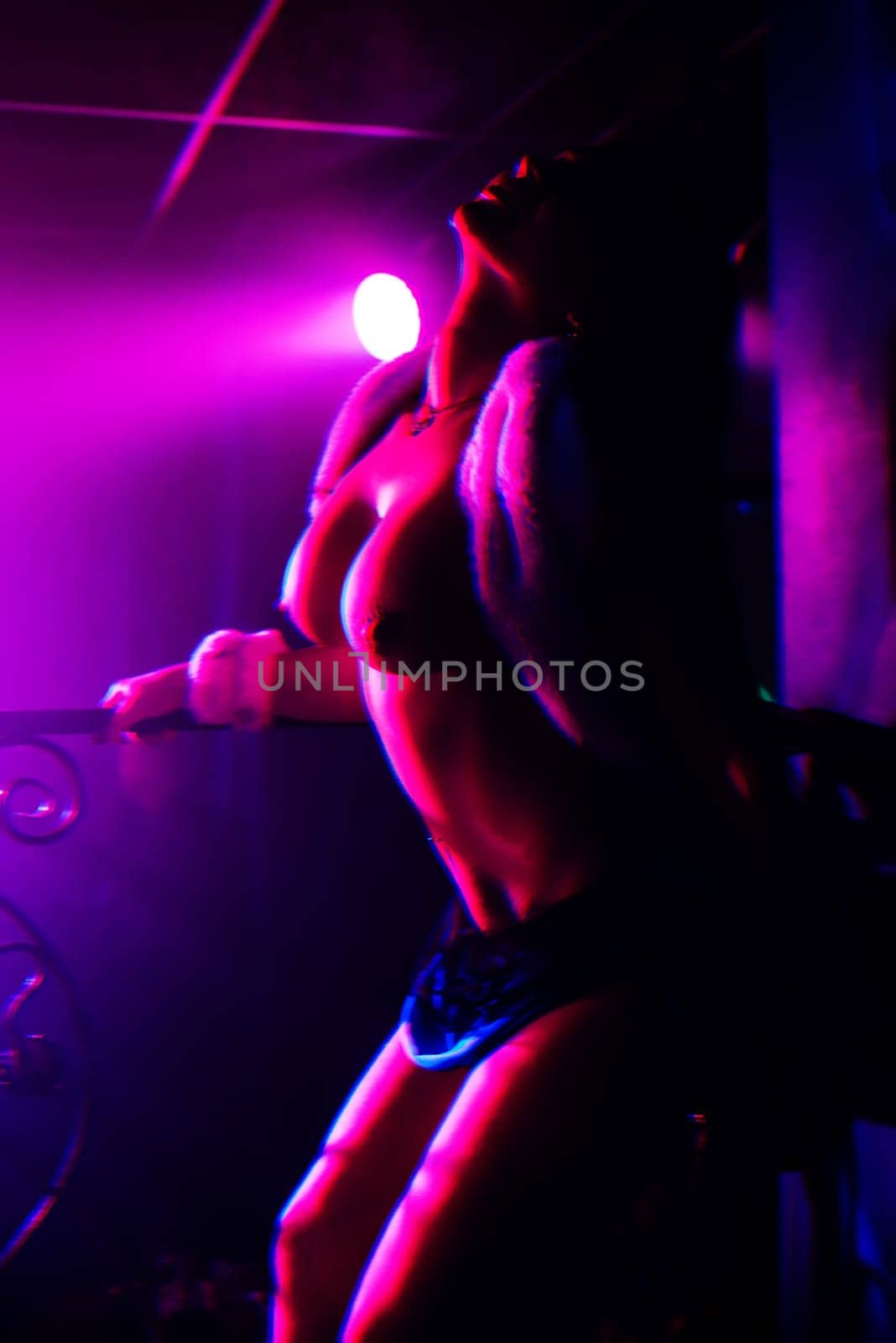 silhouette of a female stripper in a nightclub on stage with Topless under the lights