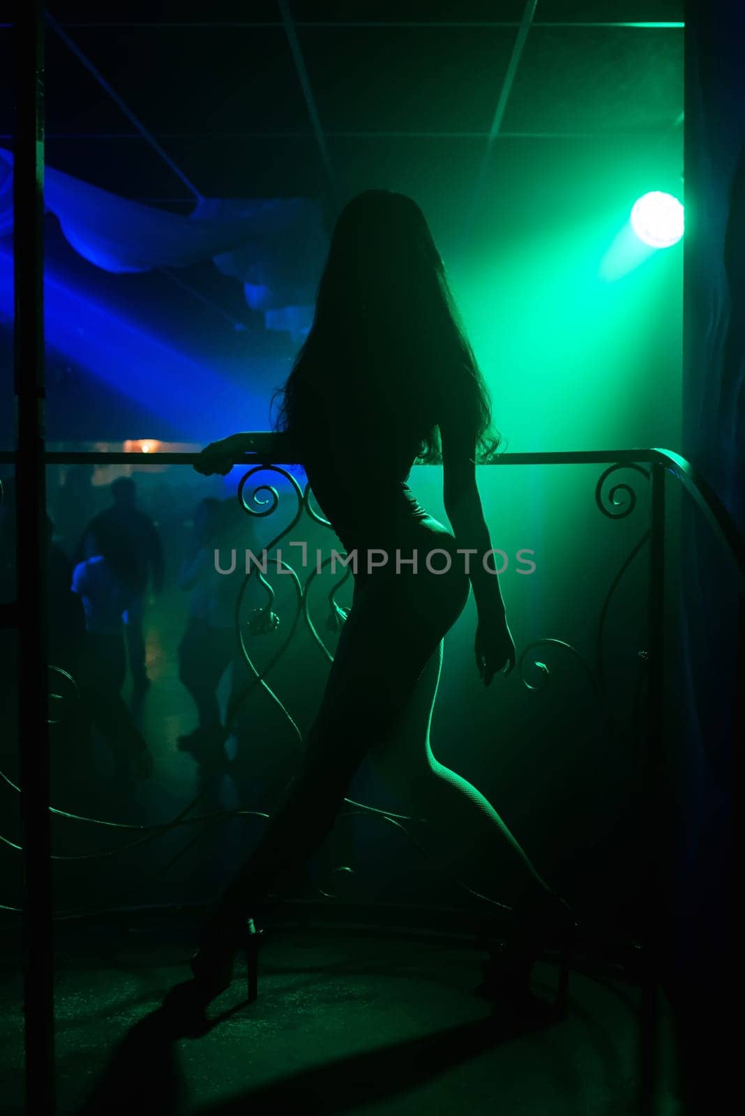young girl with a slim sexy figure posing in a nightclub in heels with long hair silhouette
