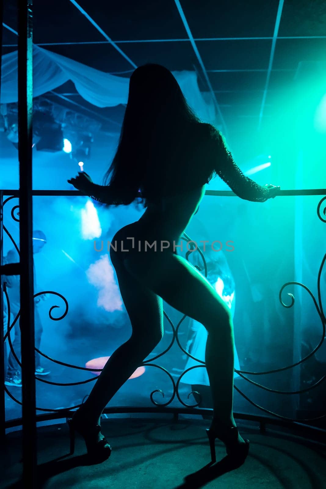 young girl with a slim sexy figure dancing go-go with a naked body in a nightclub on stage, dance floor silhouette