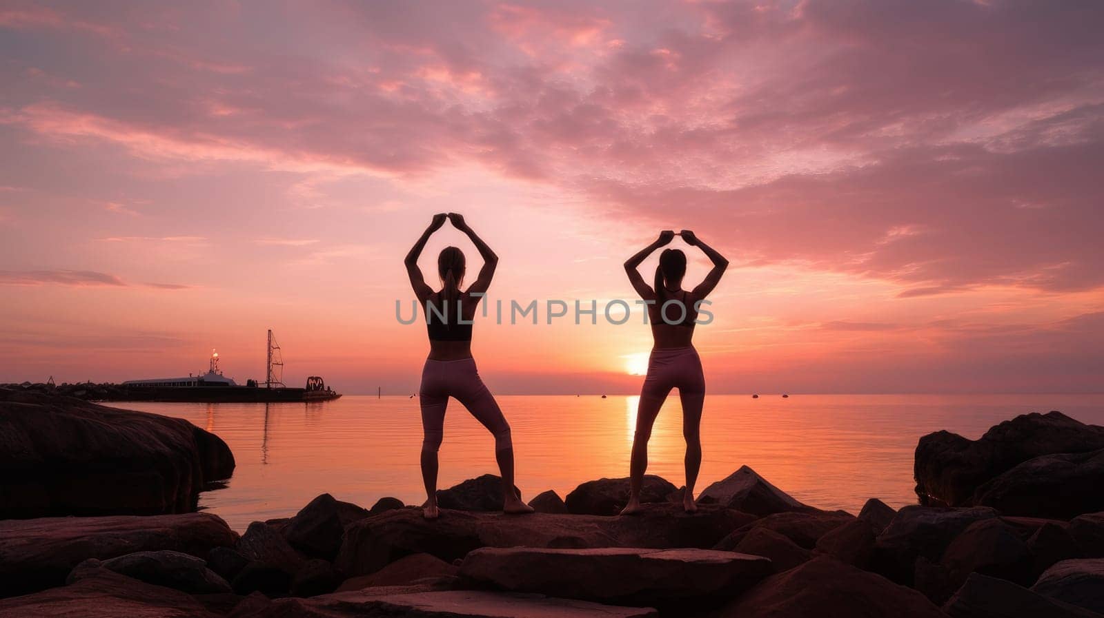 Woman girl happy smiling white Caucasian doing sports and yoga ocean shore against the backdrop of the sun, uniting with nature. Healthy spirit, healthy lifestyle, proper nutrition, mental health, sports and training, loss of excess weight, muscles.
