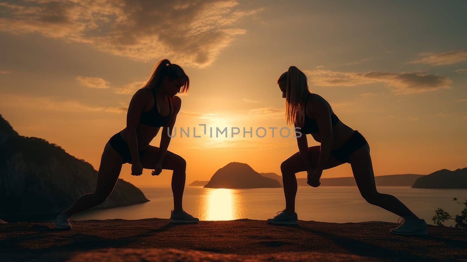 Woman girl happy smiling white Caucasian doing sports and yoga ocean shore against the backdrop of the sun, uniting with nature. Healthy spirit, healthy lifestyle, proper nutrition, mental health, sports and training, loss of excess weight, muscles.