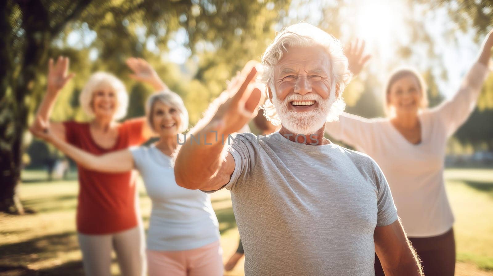 Elderly old pensioners happy smiling doing sports, yoga and jogging in the park against the backdrop of the sun, being united with nature. by Alla_Yurtayeva