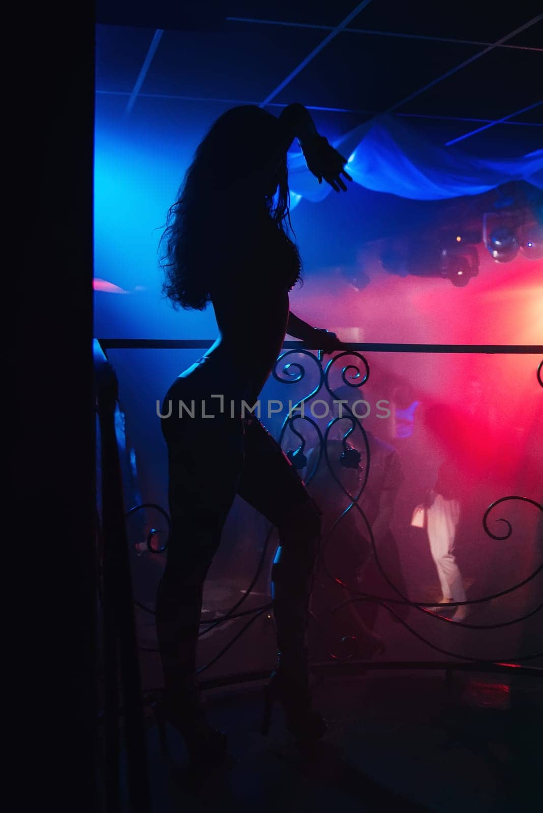 silhouette of a slender thin sexy dancers, go-go on the night club stage