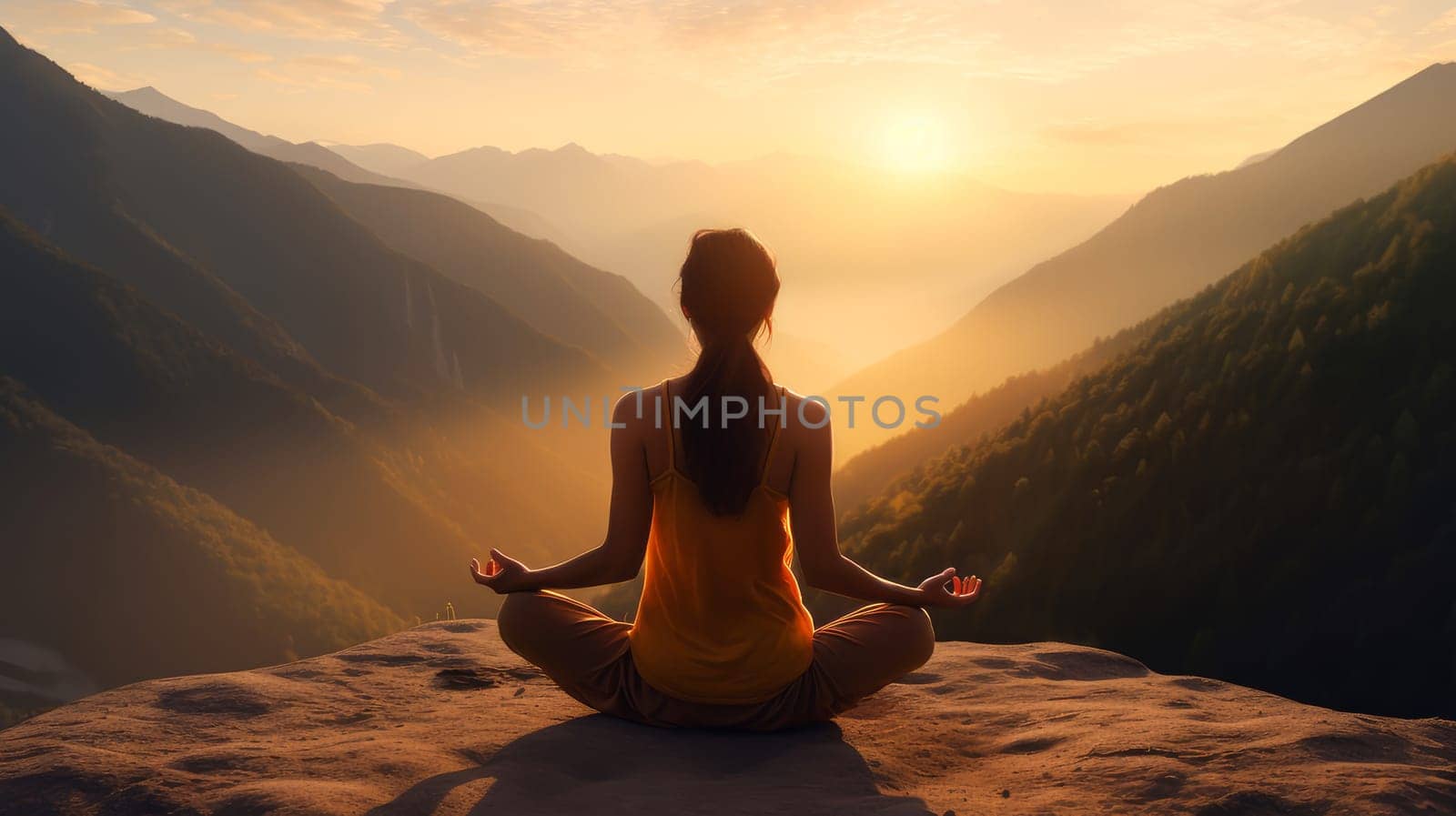 Woman girl happy smiling white Caucasian doing sports and yoga in nature in the mountains against the backdrop of the sun, uniting with nature. by Alla_Yurtayeva