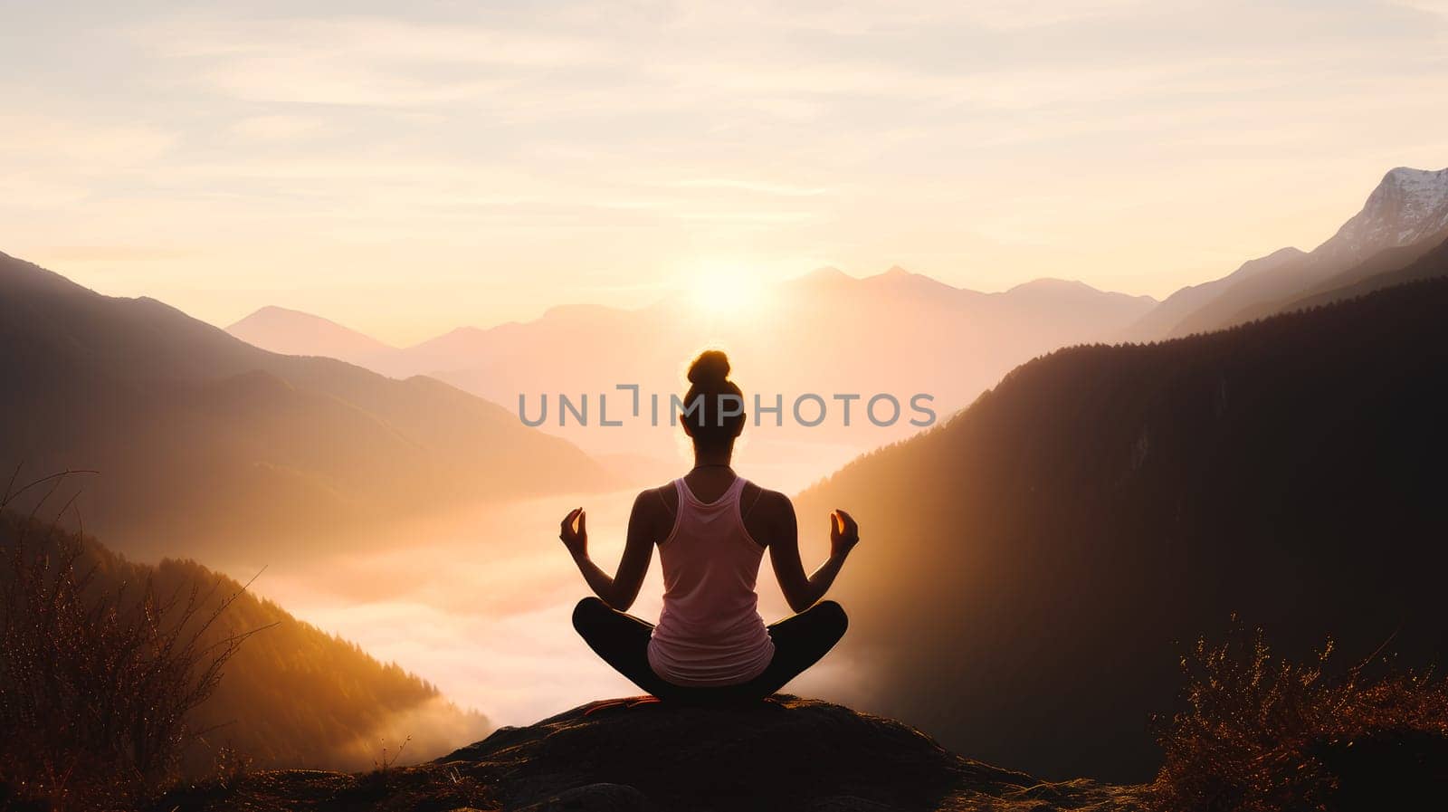 Woman girl happy smiling white Caucasian doing sports and yoga in nature in the mountains against the backdrop of the sun, uniting with nature. by Alla_Yurtayeva