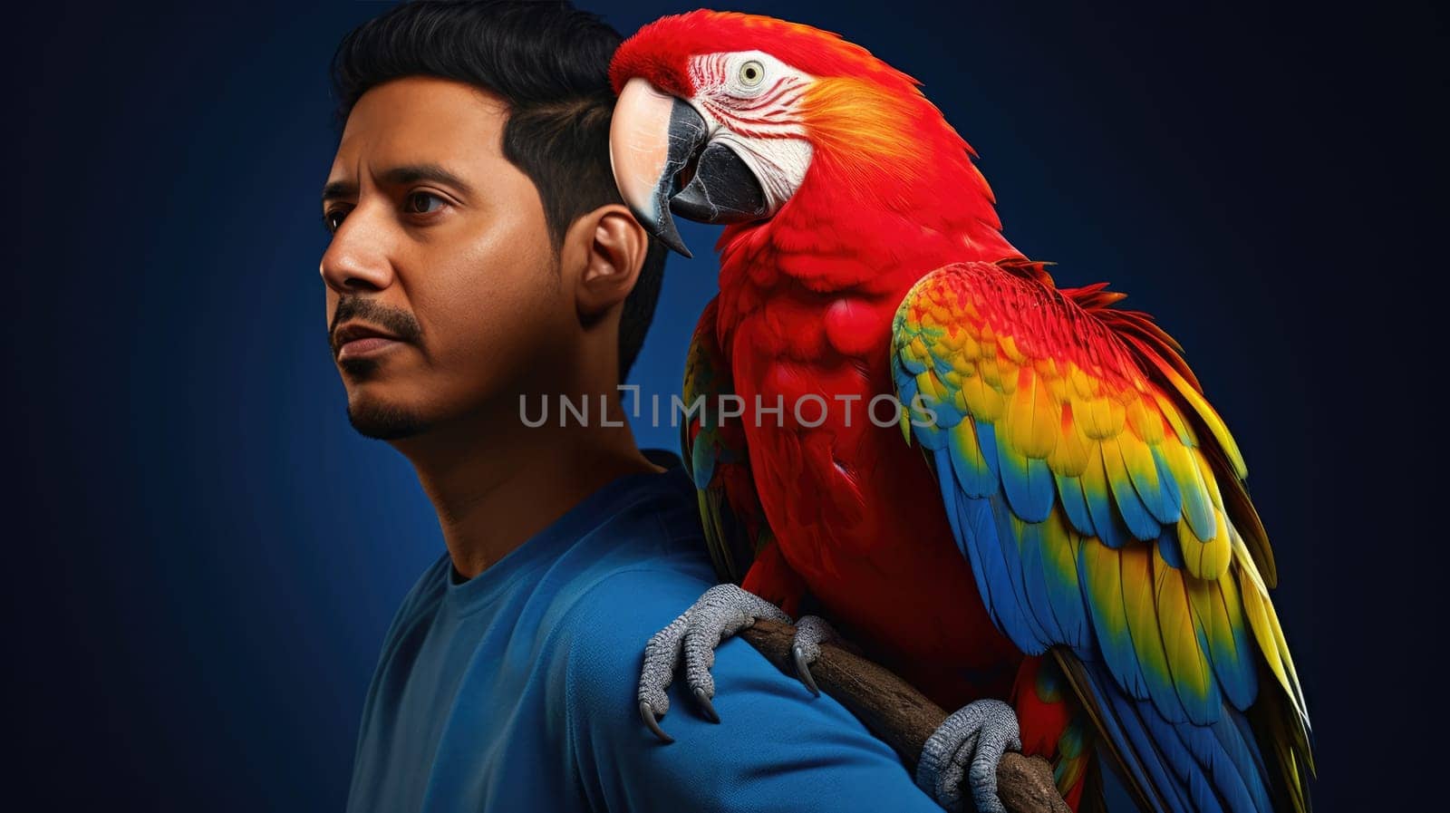 Adventurous parrot photo realistic illustration - Generative AI. Parrot, colorful, man, shoulder. by simakovavector