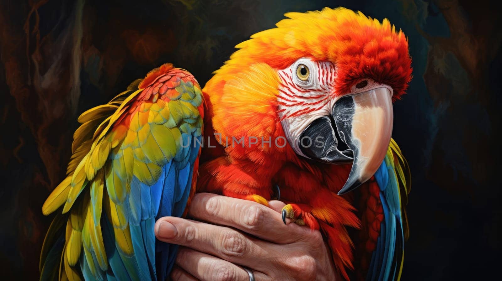 Adventurous parrot photo realistic illustration - Generative AI. Parrot, colorful, man, shoulder. by simakovavector