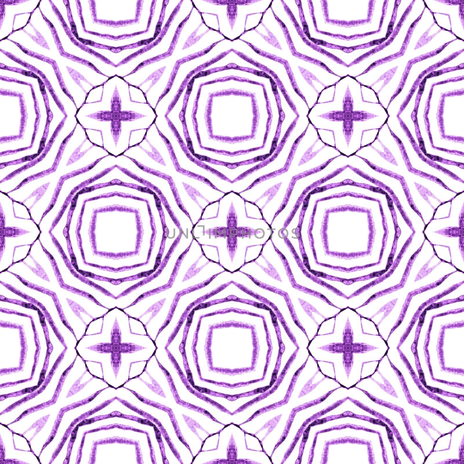 Watercolor ikat repeating tile border. Purple favorable boho chic summer design. Textile ready pleasant print, swimwear fabric, wallpaper, wrapping. Ikat repeating swimwear design.