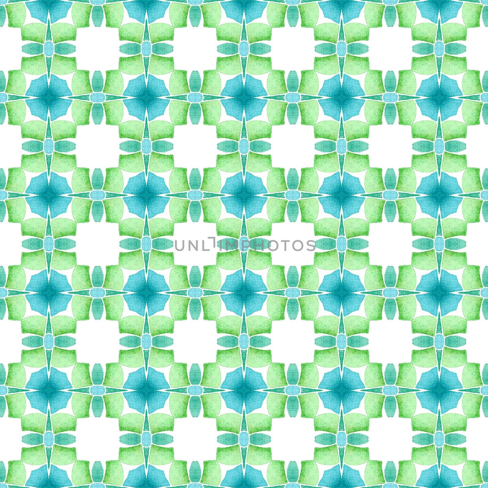 Ikat repeating swimwear design. Green wondrous boho chic summer design. Textile ready amazing print, swimwear fabric, wallpaper, wrapping. Watercolor ikat repeating tile border.