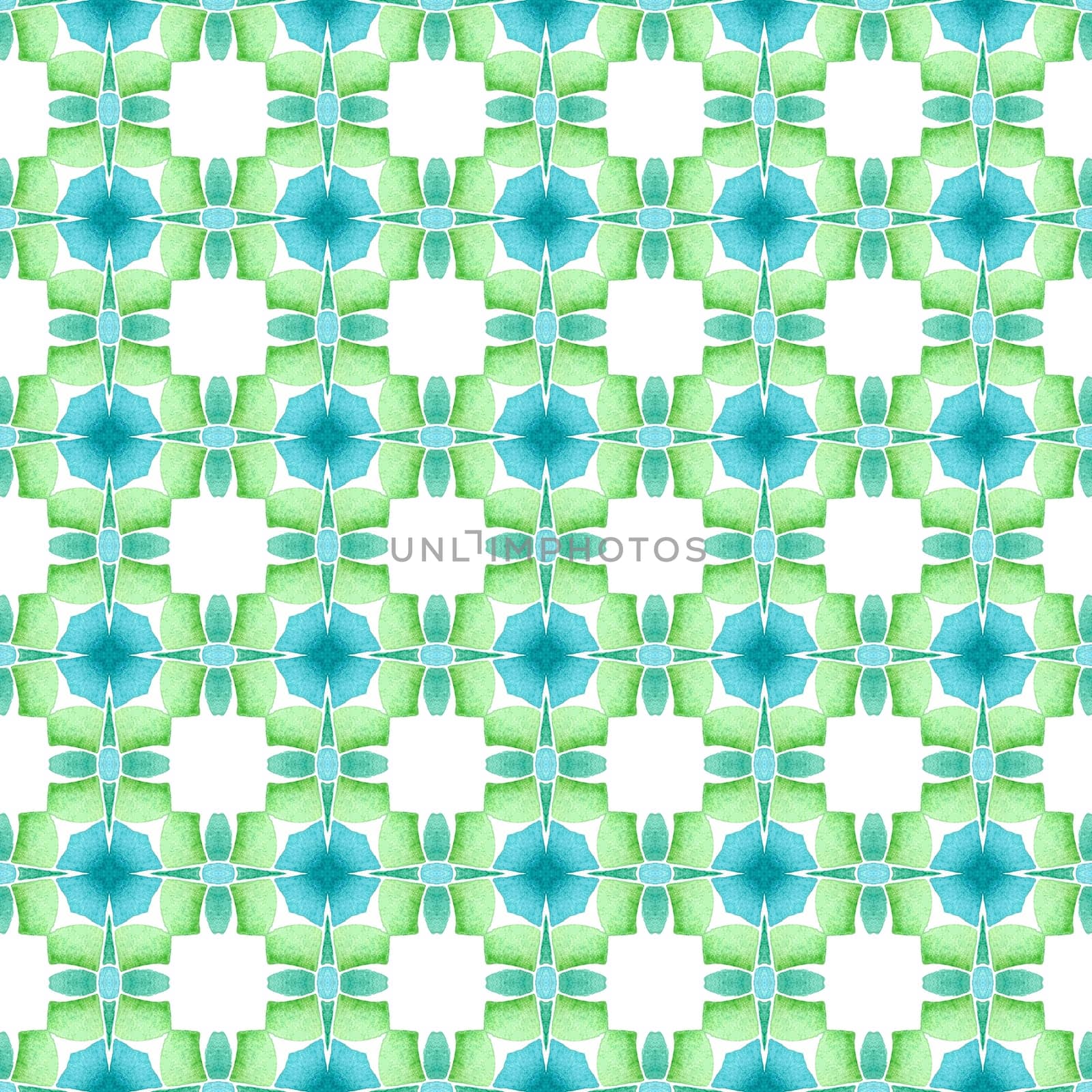 Ikat repeating swimwear design. Green wondrous boho chic summer design. Textile ready amazing print, swimwear fabric, wallpaper, wrapping. Watercolor ikat repeating tile border.