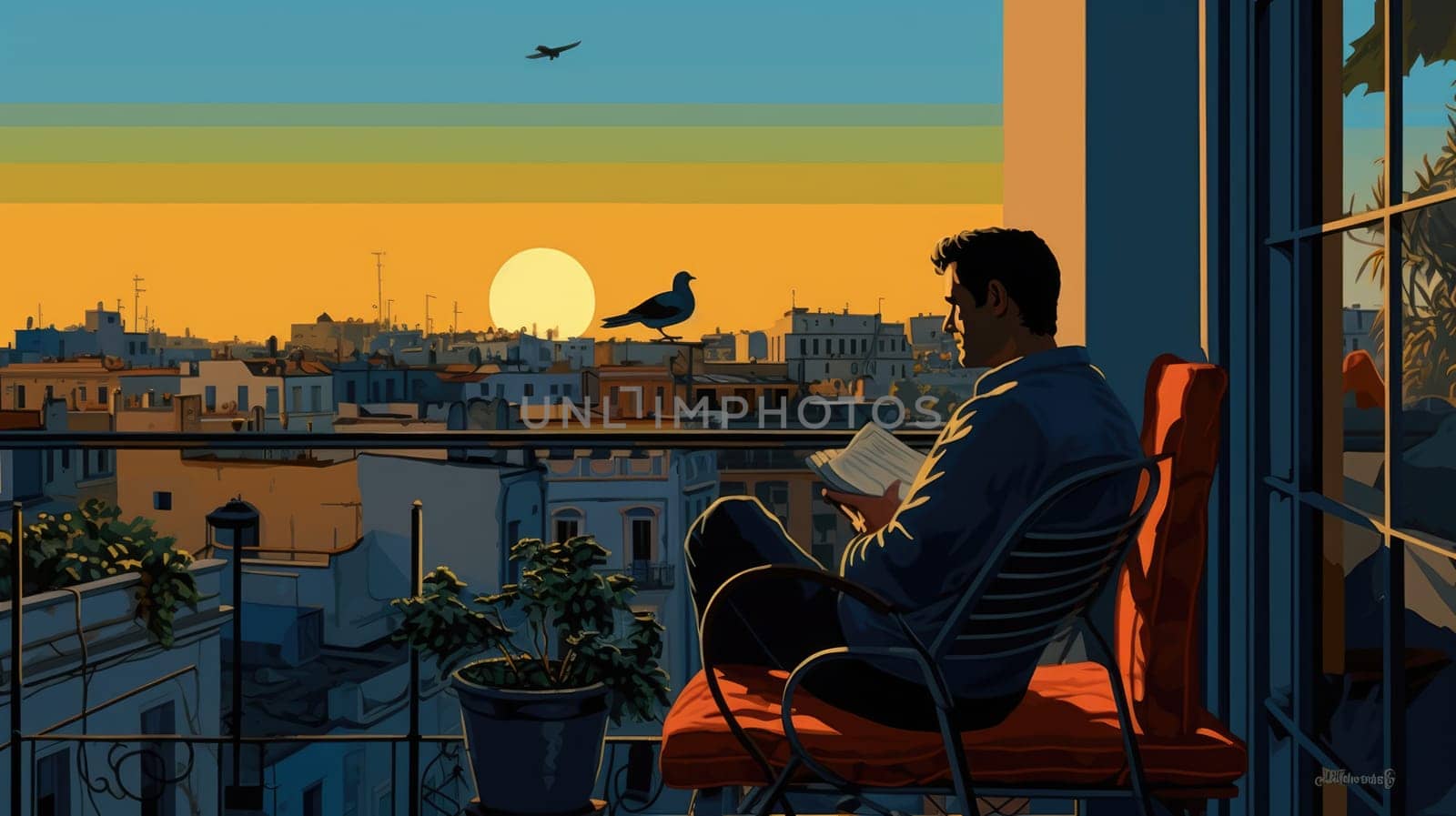 Birdwatching on the balcony watercolor illustration - AI generated. Parrot, man, balcony, buildings.