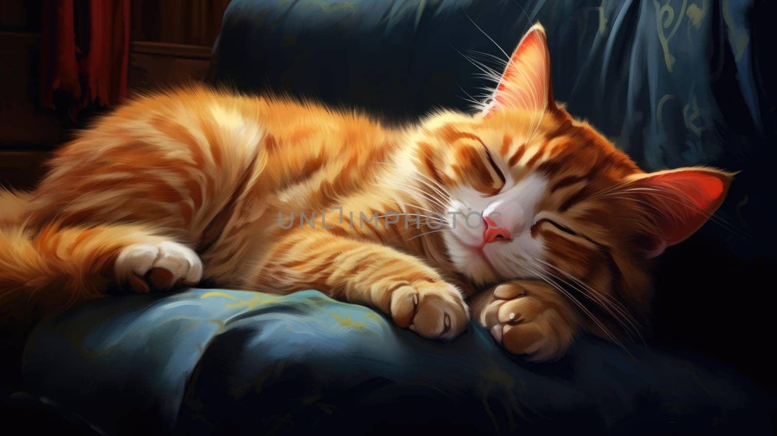 Cozy cat nap on the couch watercolor illustration - Generative AI. Red, cat, sleeping, sunbeams. by simakovavector
