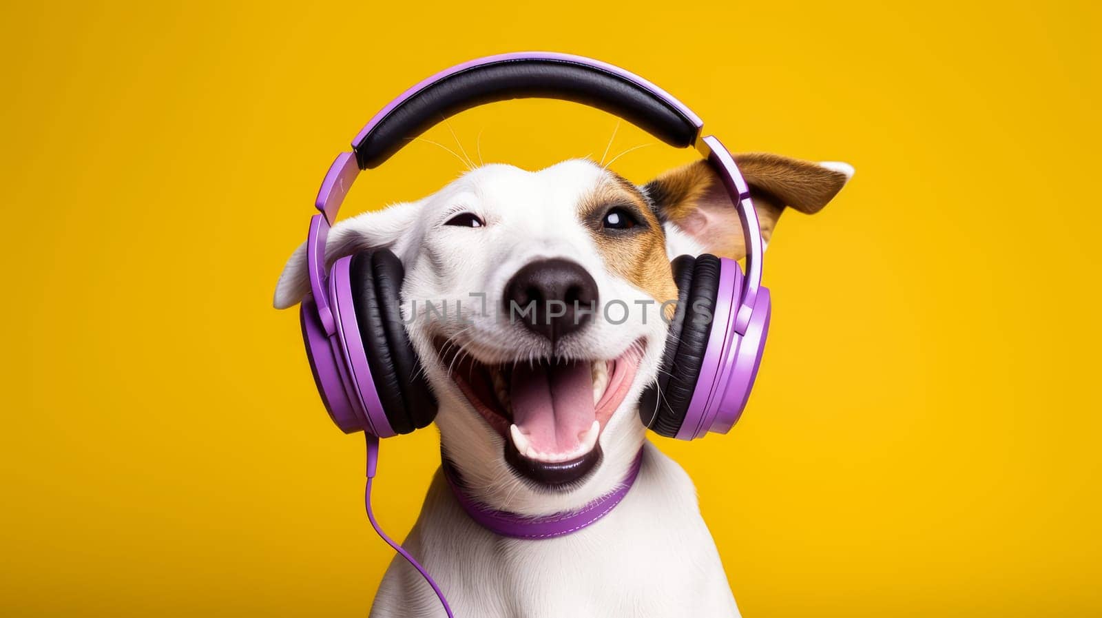 Happy, contented dog listens to music on headphones while on vacation or relaxing on a yellow background. Advertising holidays for animals, music store, pet store, modern training and courses