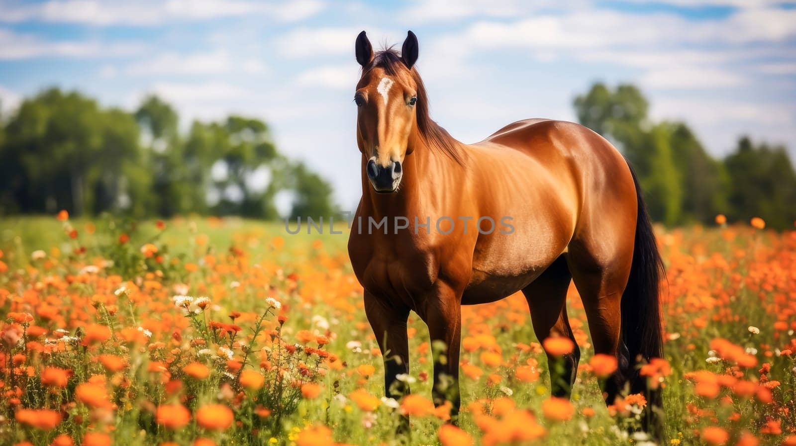 Cute, beautiful horse in a field with flowers in nature, in the sun's rays. Environmental protection, the problem of ocean and nature pollution. Advertising travel agency, pet store, veterinary clinic, phone screensaver, beautiful pictures, puzzles