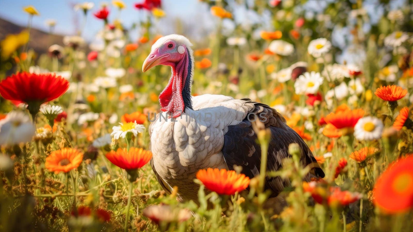 Cute, beautiful turkey in a field with flowers in nature, in the sun's rays. Environmental protection, the problem of ocean and nature pollution. Advertising for a travel agency, pet store, veterinary clinic, phone screensaver, beautiful pictures, puzzles